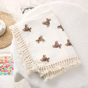 Nouveau-né couverture coton imprimé ours infantile gaze couverture emmailloter couverture doux bébé gland - Product Image 5