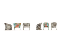 Fauteuil d'extérieur tissé à la main en fibre synthétique et cadre en aluminium thermolaqué.