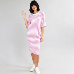 Vestido Camiseta de Manga Corta para Mujer, Estilo Maxi, Rayas Rosas, Casual, Transpirable, Ecológico, Lavable, Tejido Ponte Jersey, Servicio OEM - Product Image 2
