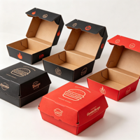 Boîte à hamburger en carton blanc biodégradable robuste, personnalisable avec logo et motif quadricolore, pour restauration rapide, vente en gros