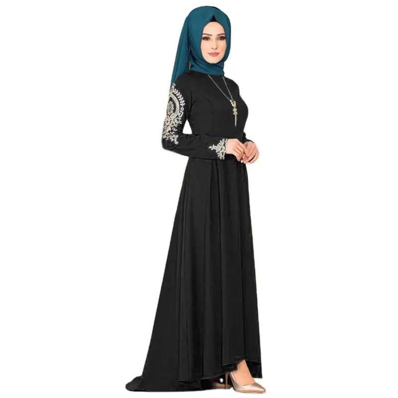 S-5XL Hitam RedLong Lengan Panjang Gaun Islami Wanita Bordir Bunga Gaun Maxi Muslim Kasual Dubai Timur Tengah