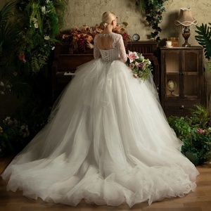 Vestido de Novia Moderno Estilo Francés para Bodas Reales, Antiestático, de Encaje, Largo hasta el Suelo, Corte en A, con Mangas Largas y Cola <span class=keywords><strong>Catedral</strong></span> - Product Image 1