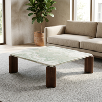 Table basse carrée en marbre naturel vert avec pieds en bois de frêne, 115 cm, style Sabi Wabi japonais, tables basses de luxe en pierre