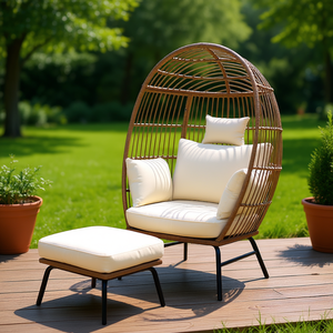 Outdoor Garden Chair Wicker <b>Egg</b> Chair With Footstool Beige Brown Rattan Metal Frame <b>Basket</b> Style Patio Furniture - Product Image 2
