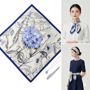Pañuelo de Seda para Mujer, Color Azul Real, con Diseño de Hortensias, 90 cm, Cuadrado, con Borde Floral Blanco, para Vestir de Noche - Product Image 1