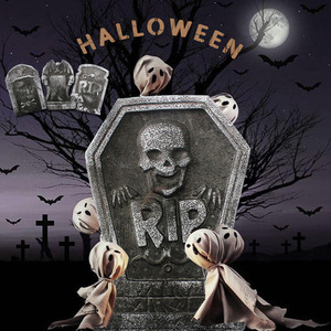Décorations de pierres tombales en mousse pour Halloween, rectangulaires, pour extérieur, accessoires de décoration, design crâne noir et gris - Product Image 1