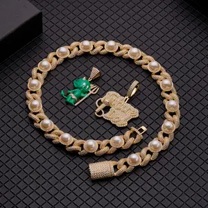 Hip Hop buzlu Out takı elmas yeni 24k altın kaplama ağır tıknaz gümüş 925 küba bağlantı inci kolye erkekler için tasarım