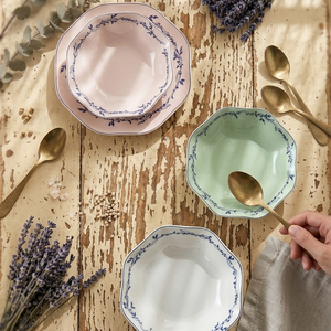 Juego de <span class=keywords><strong>Vajilla</strong></span> de Porcelana con Calcomanías Florales Azules Vintage, Platos Octagonales Festoneados de Cerámica, Tazones, <span class=keywords><strong>Vajilla</strong></span> en Color Crema y Verde Salvia para Cafeterí<span class=keywords><strong>a</strong></span> - Product Image 4