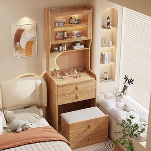 Solid Wood Dressing <b>Table</b> With <b>Mirror</b> Flip Top Chest Of Drawers Bedroom Storage Cabinet Makeup <b>Vanity</b> Bedside Desk Walnut Color - Product Image 2