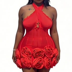 Robe mini corset florale à ourlet rose pour femme - Robe moulante à col halter avec dentelle pour femme - Mode féminine - Product Image 1