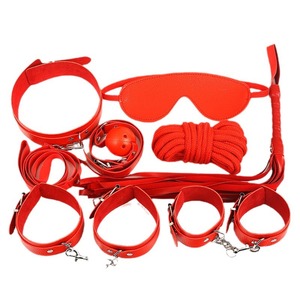 Sm Leather 7 Piece <b>Set</b> Black Red Handcuffs Blindfold Rope Restraints For Couples <b>Bondage</b> Toys - Product Image 5