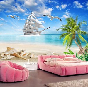 Mural de Pared Personalizado, Póster 3D de Playa, Pintura Mural, Papel Tapiz con Diseño de Velero, Palmera y Paisaje Marino <span class=keywords><strong>para</strong></span> Sala de Estar, Papel Tapiz Autoadhesivo - Product Image 4
