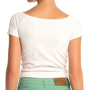 Stylish Womens White Ribbed Knit <b>Crop</b> Tank <b>Top</b> O Neck Short Sleeve Breathable Cotton Spandex Blend Casual Slim Fit Summer - Product Image 2