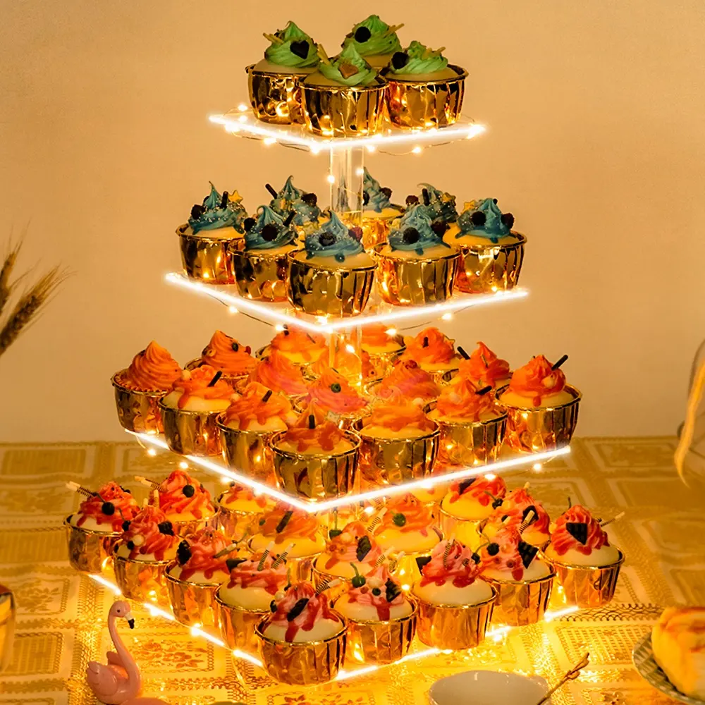 Vonvik Groothandel 4 Tier Acryl Cupcake Stand Voor Dessert, Led Licht Cake Display Verjaardagsbruiloft