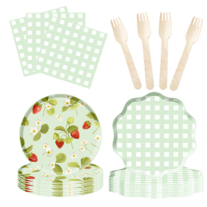Juego de Vajilla Desechable DAMAI para Fiesta de Fresas, Platos, Vasos y Servilletas de Papel, Decoración de Cumpleaños, Diseño a Cuadros Verdes, 100 Piezas - Product Image 3