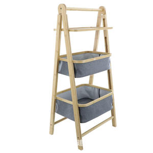 Creative bamboo bathroom storage rack, floor-standing <b>foldable</b> bamboo ring with cloth bag rack, towel and laundry <b>basket</b> - Product Image 5
