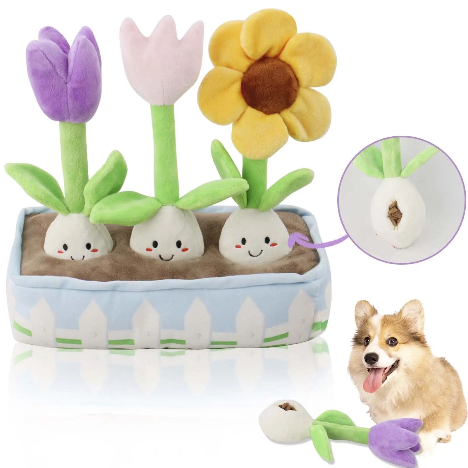 도매 패션 애완 동물 씹는 장난감 귀여운 3-in-1 꽃 세트 튤립 해바라기 숨기기 음식 삐걱 거리는 개 퍼즐 장난감 발렌타인 데이