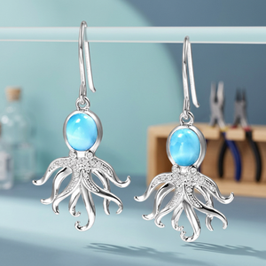 925 Sterling <b>Silver</b> Christian Trendy Natural Larimar Sea Life Octopus Drop <b>Earrings</b> for <b>Wedding</b> Party Gift - Product Image 3