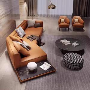Sofá de sala de estar en forma de L Modular de diseño de gama alta moderno de cuero naranja minimalista italiano - Product Image 3