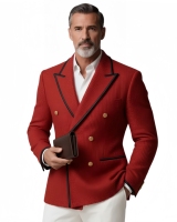 Blazer Homme en Denim Texturé Rouge de Luxe, Double Boutonnage, Passepoil Noir, Boutons Dorés Élégants, Coupe Slim, Idéal pour Soirées Printanières