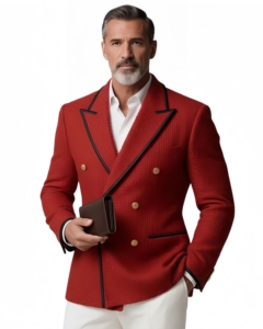 Blazer <span class=keywords><strong>Homme</strong></span> en Denim Texturé Rouge de Luxe, Double Boutonnage, Passepoil Noir, Boutons Dorés Élégants, Coupe Slim, Idéal pour Soirées Printanières - Product Image 1