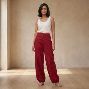 Women's High Waist Wide Leg Red Harem <b>Pants</b> 100% Cotton Loose Fit Full Length Button Regular Fit Casual <b>Summer</b> Style - Product Image 4