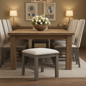 Set di Sedie da Pranzo in Tessuto Beige con Finiture in Legno Rustico e Dettagli Metallici, Seduta e Schienale Imbottiti con Finitura Grigia - Product Image 2