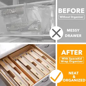 Organizador de cajones de cocina de madera de bambú Natural 4 en 1, dispensador de papel de aluminio y envoltura de plástico con cortador deslizante