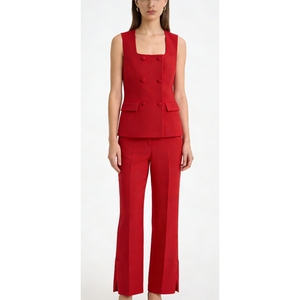 Conjunto de Chaleco Cruzado con Cuello Cuadrado y Pantalones de Pierna Ancha para Mujer - Traje de Oficina sin Mangas de 2 Piezas a la Moda - Product Image 4