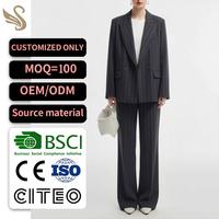Ensemble Blazer et Pantalon à Rayures Charbon Personnalisé pour Femme, Double Boutonnage, Pantalon Large, Tenue de Bureau Professionnelle OEM ODM