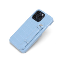 Étui pour iPhone en cuir PU bleu clair effet crocodile, portable, avec dragonne, antichoc, pour hommes et femmes, personnalisable avec logo, idéal comme cadeau d'affaires