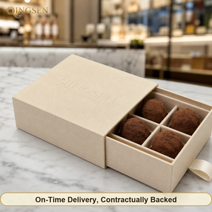 Boîtes cadeaux de luxe en papier rigide beige crème personnalisées, avec tiroir coulissant gaufré, pour chocolats truffés gourmands, idéales pour les cadeaux de fêtes - Product Image 1