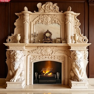 Caminetto in Marmo Beige YOUFINE con Colonne Corinzie e Statue di Aquile e Leoni per Villa di Lusso - Product Image 3