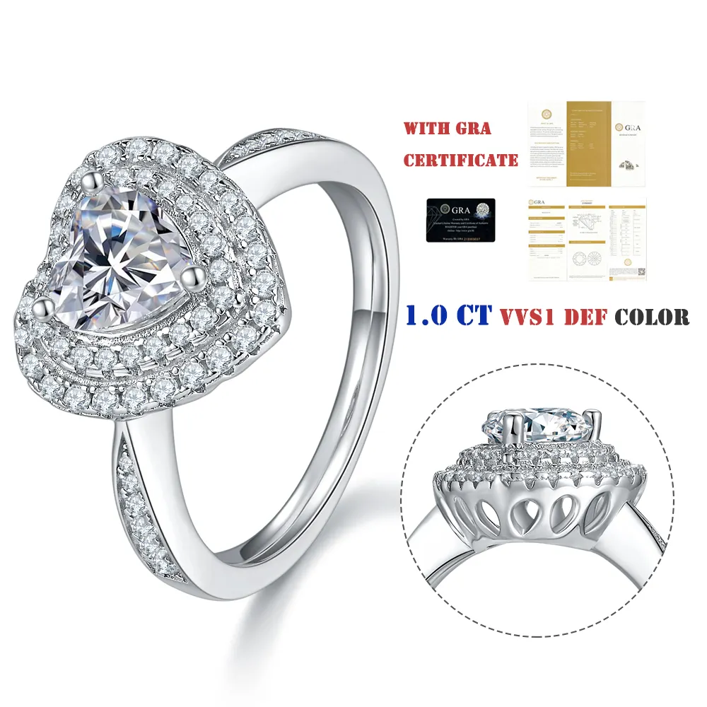 M93 Abiding Women Luxury Fine Jewelry 925 Sterling Silver Heart Shaped Moissanite Diamond Custom Engagement Double Halo Ring