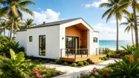 Unité de logement modulaire préfabriquée à toit en pente avec grand balcon en bois pour maison d'hôtes de station balnéaire