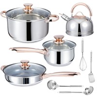 Ensemble de 10 ustensiles de cuisine modernes en acier inoxydable 201 de qualité alimentaire – Marmite, poêle, casserole à lait, bouilloire – Résistant au four et au lave-vaisselle
