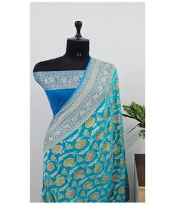 Sari de Georgette Khaddi Puro Tejido a Mano, para Fiestas Tradicionales, con Auténtica Artesanía Banarasi, Intrincado - Product Image 3