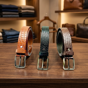 <b>Men's</b> Accessories BS INTERNATIONAL Vintage Genuine Leather <b>Belts</b> Gift Sets Brown Chocolate Black Color Crocodile Texture Pin - Product Image 1