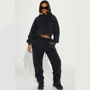 Cropped Acid Washed Tracksuit Women's Clothing Hoodie & Sweatpants <b>Distressed</b> Sweat suit Set - Product Image 1