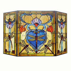 Stained Glass Fireplace <b>Screen</b> 3 Panels Floral Design Traditional Decor Blue Color Rectangle Shape Artistic Decoration 110*70CM - Product Image 6