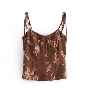 Regata camis regata feminina estampada, cor marrom, floral, alça de ombro, moda verão