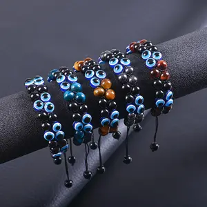 8MM Tiger Eye Stone Black Magnet Braided Evil Eye Hamsa Blue Beaded Charm Stretch Bracelet