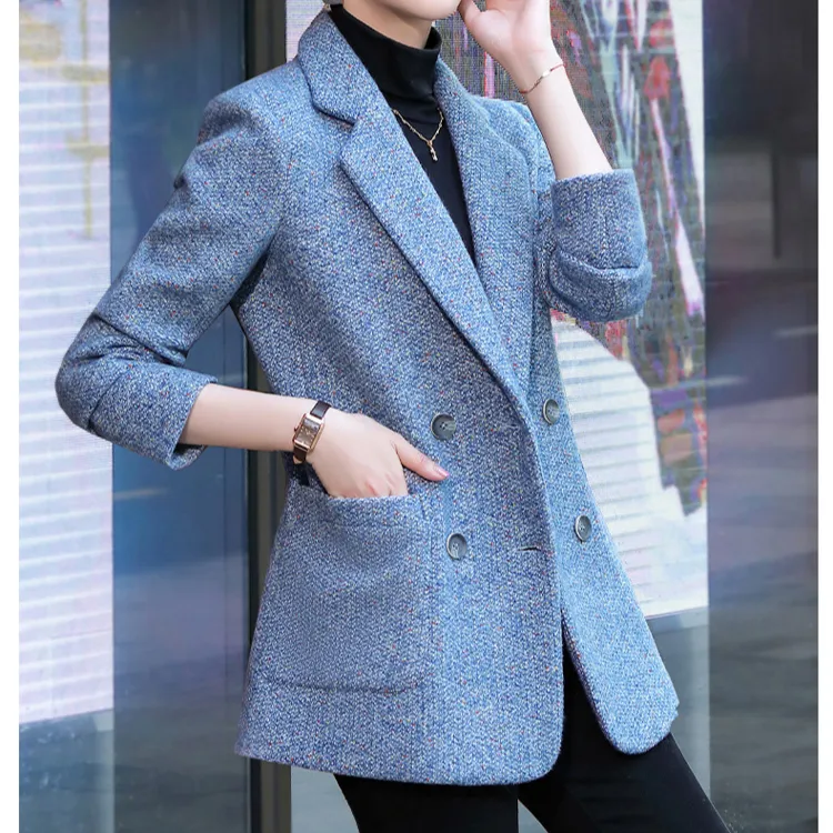 Wool plaid blazer women's thickened Autumn and winter Korean version design sense of waist slimming lace-up suit