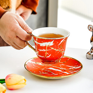 Ensemble de 6 tasses à café en céramique avec soucoupes, bord doré, motif marbré, pour le thé de l'après-midi, usage domestique - Product Image 3