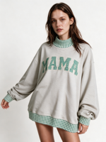 Sweat-shirt à col montant brodé patchwork pour femme, en molleton de coton, manches longues, design patchwork vintage, pull-over OEM