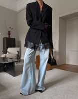 Blazers élégants pour femmes, hauts à manches longues noirs, blazers à volants en dentelle
