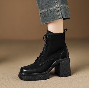 Botas de cuero genuino con cordones delanteros, punta redonda, tacón alto, color sólido, elegantes y versátiles, con capa superior de cuero vacuno. - Product Image 3