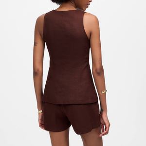 Meilleure Vente Ensemble Deux Pièces Femme en Lin Couleur Marron Unie, Gilet Sans Manches et Haut Boutonné à Col Carré, Style Formel - Product Image 4