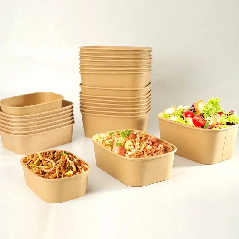 Einwegverpackung für Restaurant Speisen zum Mitnehmen rechteckige Salatschüssel aus Papier 500 ml 650 ml 750 ml 1000 ml Papierschüssel mit Papierdeckel