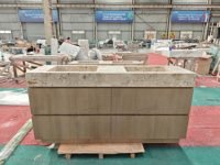 Lavabo double sur pied en marbre de silice naturelle de breccia SH STONE, beige, pour salle de bain moderne d'appartement ou de villa